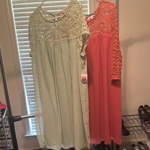 Lace Overlay Dresses in Green and Coral